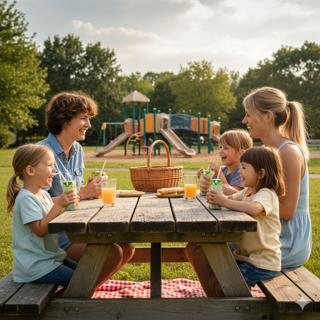 parents and kids enjoying juice